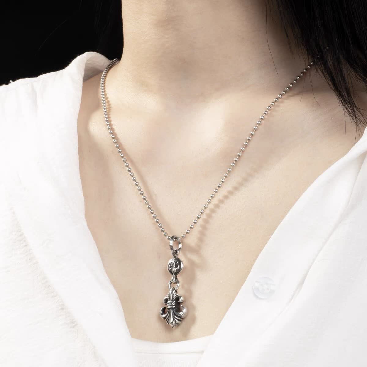Chrome Hearts Gothic Silver Cross and Fleur-de-lis Round Ball Pendant Necklace